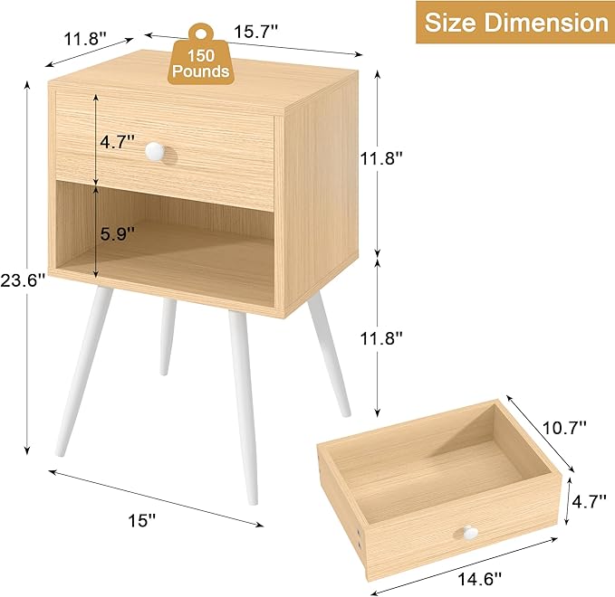 VECELO Nightstands Set of 2, Mid Century Modern End Bedside Table, Night Stand with Storage Drawer and 2 Tiers Open Shelf for Small Place, Bedroom, Living Room, Easy Assembly, Oak Wood