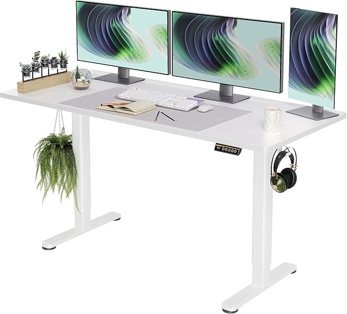 Claiks Electric Standing Desk, Adjustable Height Stand up Desk, 63x24 Inches Sit Stand Home Office Desk with Splice Board, White Frame/White Top