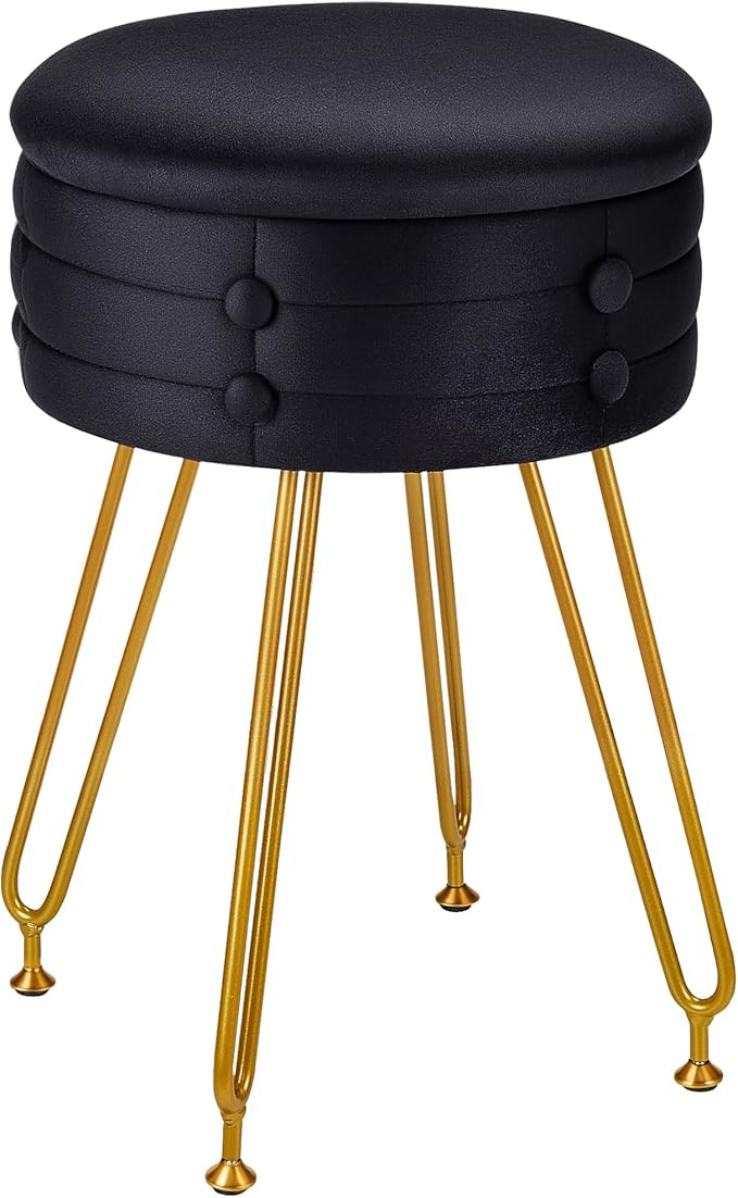 VECELO Round Vevlet Vanity Stool with Storage, 4 Metal Legs Vanity Seat with Anti-Slip Feet, Modern Vanity Chairs Footrest Furry Padded Seat, Space Saving, Easy to Clean for Makeup, Bedroom, Black