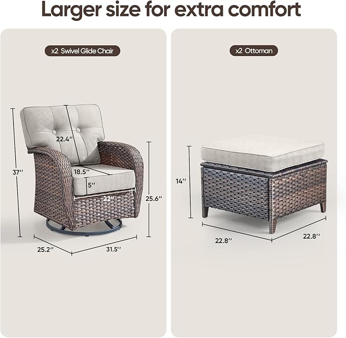 4-Piece Rotating Balcony Chair Set with 31-inch T-Shaped Wide backrest - Rattan Outdoor Rotating Balcony Chairs, Wide backrest Comfortable Outdoor Sliding Chair - Brown Rattan | Beige Cushions