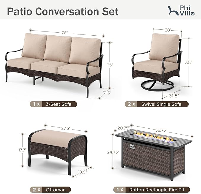 Patio Furniture Set with 56" Fire Pit Table, Premium Outdoor Wicker Metal Frame Furniture with Upgraded Waterproof Thick Cushions for Porch, Poolside, Deck, and Yard (8 Pieces,Beige)