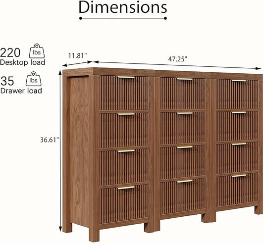 Modern 12-Drawer Solid Wood Dresser with Fluted Front & Gold Handles, Multifunctional Tall Storage Chest, for Hallway, Entryway, Walnut X3