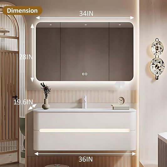 36IN Bathroom Vanity - Bathroom Vanity with Sink with Intelligent Induction Light | Wall-Mounted Bathroom Vanity with Intelligent LED Mirror Cabinet & 6 Drawers, Cream Color