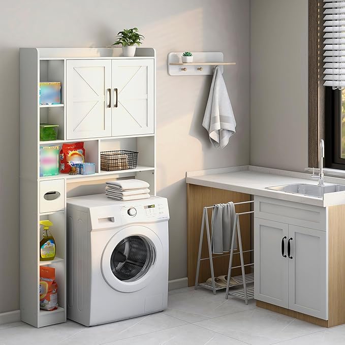 Vabches Over The Toilet Storage Cabinet, Farmhouse Storage Cabinet Over Toilet with 2 Barn Door & Toilet Paper Holder Stand,Home Space-Saving Toilet Rack, for Bathroom, Restroom, Laundry