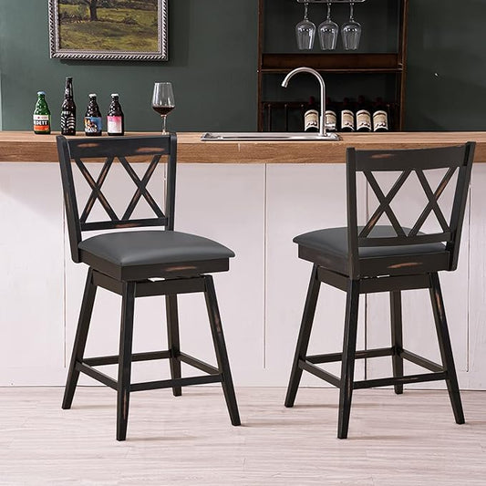 COSTWAY Bar Stool Set of 2, 360 ° Swivel Counter Height 25 inch Bar Stool with Foot Rest Upholstered Cushion & Ergonomic Backrest, Sturdy Frame, for Pub, Restaurant, Home (2, Black + Grey)