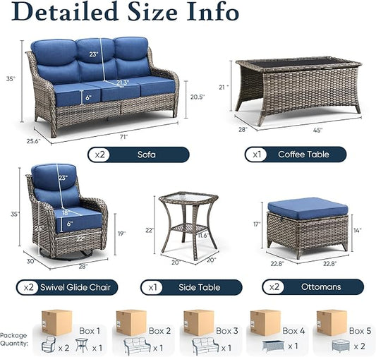 Belord Luxury 6" Thick Cushioned 8 Pieces Patio Furniture Set with Outdoor Couch, Wicker Outdoor Conversation Set with High Back Swivel Rocker Chairs for Deck Porch Yard and Poolside - Grey+Blue