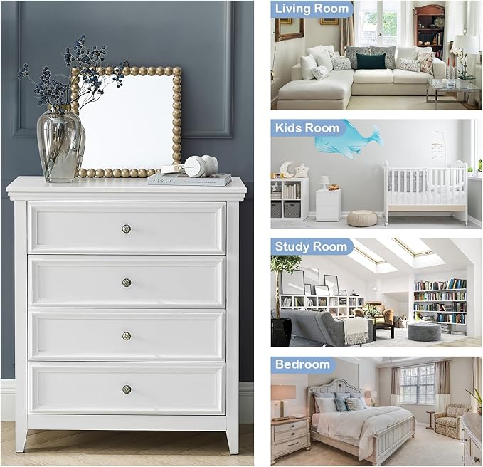 BLANKSPACE White Dresser for Bedroom, 4 Chest of Drawers Modern Wood Nightstand, Tall Clothes Organizer Cabinet for Guest Room, Living Room, Closets, Hallway, Bedroom