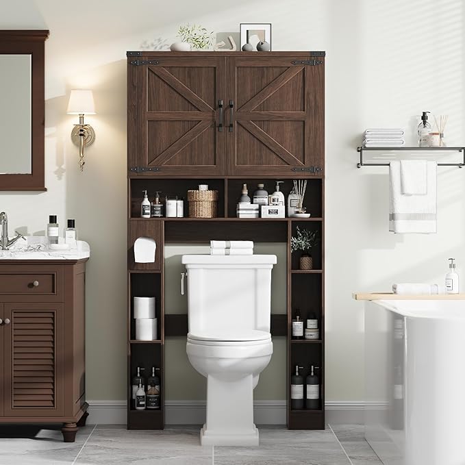 Vabches Over The Toilet Storage Cabinet, Farmhouse Storage Cabinet Over Toilet with 2 Barn Doors ,Toilet Paper Holder Stand,Home Space-Saving Toilet Rack, for Laundry, Restroom, Bathroom.Espresso.