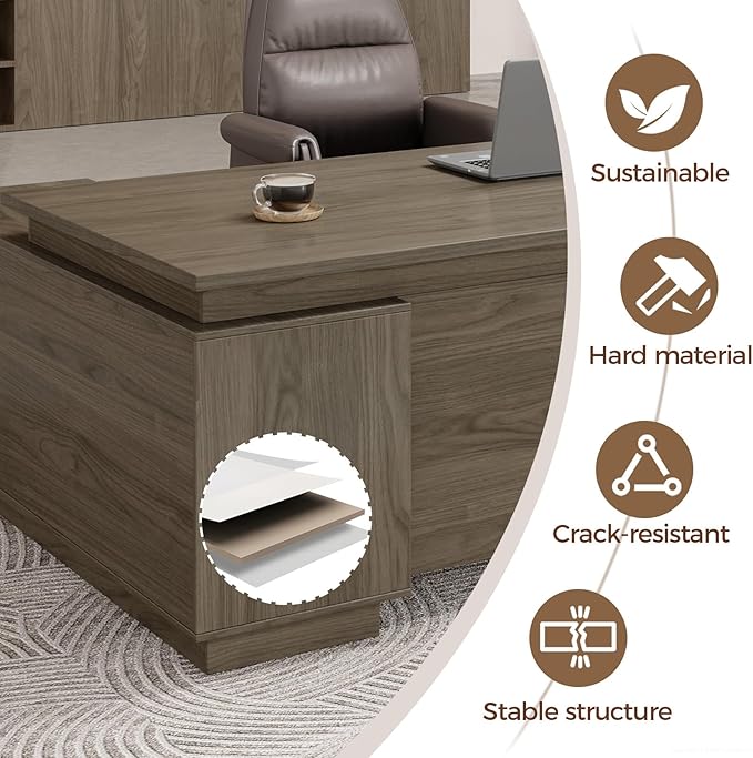 L-Shaped Executive Desk with Reversible Cabinets, Lockable Drawers & Cable Management – Large Wood Office Desk for Home or CEO Office(Black Walnut,63" L*32" W*30" H)