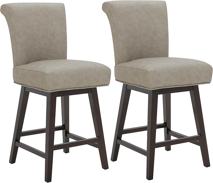 CHITA 26 Inch Counter Height Swivel Bar Stools Set of 2, FSC Certified Modern Upholstered Faux Leather Swivel Barstool Chair with Back, Stone Grey