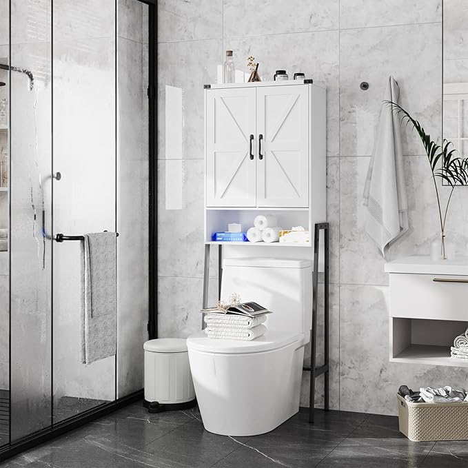 Over The Toilet Storage Cabinet with 2-Door Design Bathroom Organizers and Storage with Anti-Tip Device Over Toilet Organizer with Shelves for Bathroom,Restroom,Laundry White