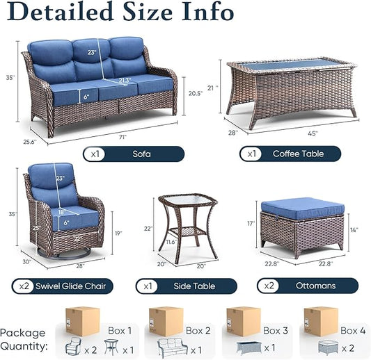 Belord Luxury 6" Thick Cushioned 7 Pieces Patio Furniture Set with Outdoor Couch, Wicker Outdoor Conversation Set with High Back Swivel Rocker Chairs for Deck Porch Yard and Poolside - Brown+Blue