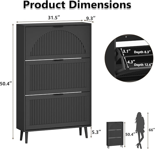 Shoe Cabinet for Entryway with 3 Flip Drawers, Slim Wooden Shoe Storage Organizer with Modern Fluted Pannel,Freestanding Narrow Hidden Shoe Rack for Hallway, Foyer, Living Room