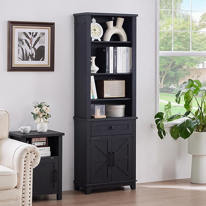 72in Tall Bookshelf 7 Tier Bookcase with Drawer and Barn Doors and Adjustable Shelves, Black Farmhouse Book Shelf with Storage Cabinet, Wood Freestanding Display Bookshelves for Living Room