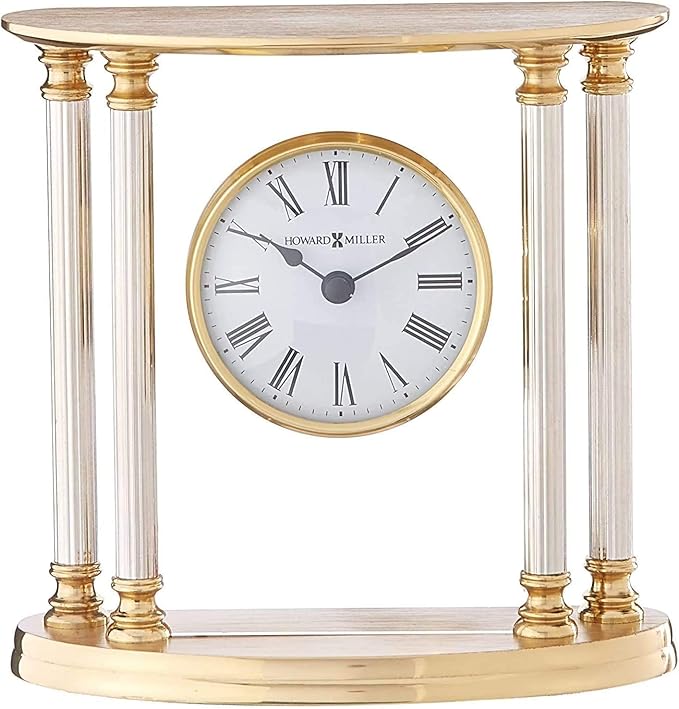Howard Miller New Orleans Tabletop Clock – Elegant Brass Accent Clock with Palladium Plated Fluted Columns Quartz Movement Traditional Design for Office Mantel & Home Decor