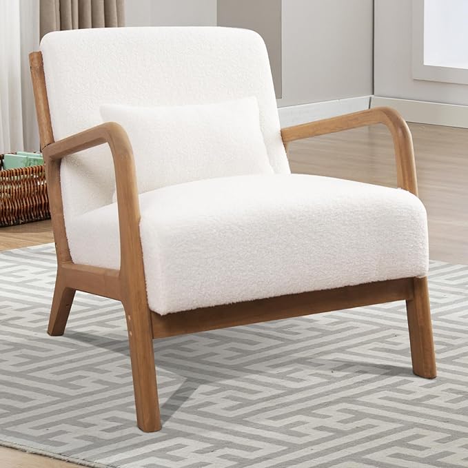 INZOY Mid Century Modern Accent Chair with Lamb Wool Fabric, Upholstered Living Room Chairs with Waist Cushion, Reading Armchair for Bedroom Sunroom, White