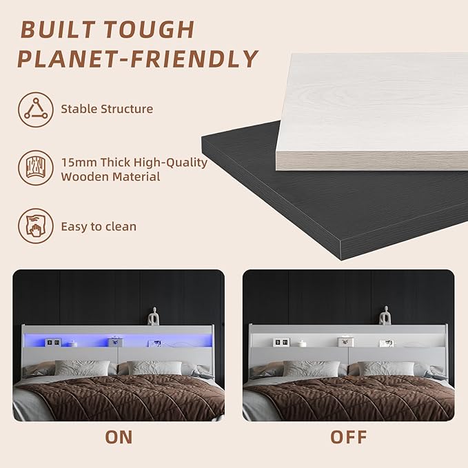 Modern Wooden Headboard Only with Storage,Wall Mount Bed Backboard with LED Light Power Outlets 2 USB Ports for Bedroom (White, King)