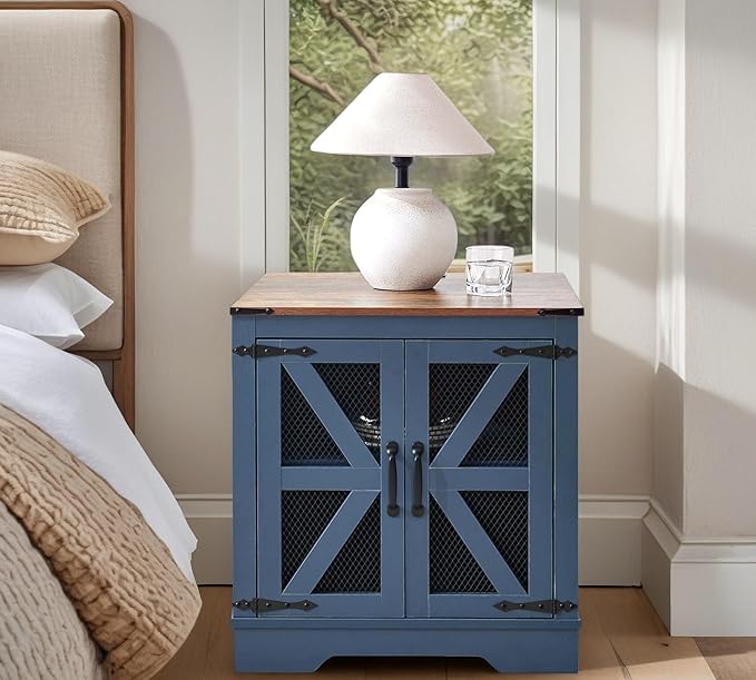 White Farmhouse End Table with Charging Station, 24" Wood Sofa Side Table with Mesh Barn Door, Nightstand with Adjustable Storage Shelf for Living Room, Square