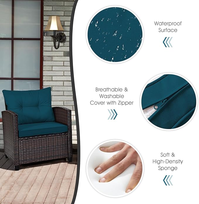 Tangkula 3 Pieces Patio Furniture Set, PE Rattan Wicker 3 Pcs Outdoor Sofa Set w/Washable Cushion and Tempered Glass Tabletop, Conversation Furniture for Garden Poolside Balcony (Prussian Blue)