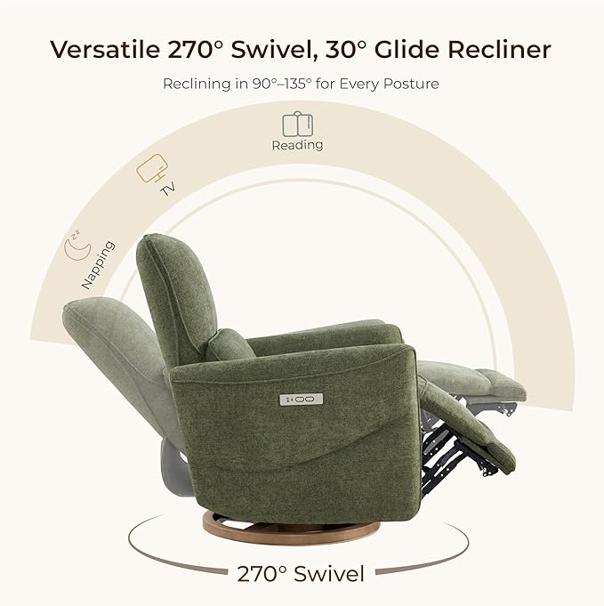 CHITA Power Nursery Rocking Chair, Swivel Glider Recliner Chair with Solid Wood Base, Bulit-in USB & Type-C Charging Ports for Living Room, FSC Certified, Moss Green