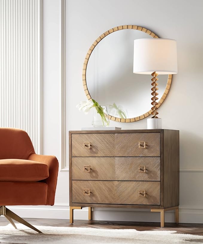 Uttermost Gracia Round Vanity Decorative Wall Mirror Modern Glam Gleaming Warm Gold Leaf Tiled Iron Frame 34" Wide Decor for Bathroom Bedroom Living Room Home House Office Entryway