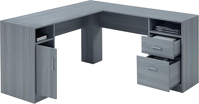 Techni Mobili Functional L-Shaped Computer Desk with storage, L is 59.5" wide x 59.5" Long, Grey