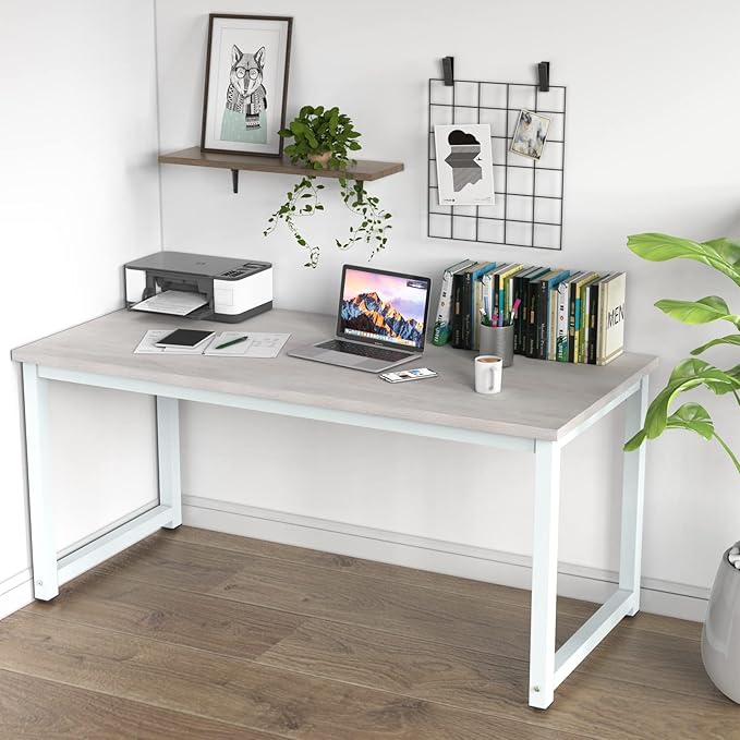 NSdirect 63" Large Computer Desk,Modern Simple Style PC Table Office Desk Wide Workstation for Study Writing,Gaming and Home Office,Extra 1" Thicker Wooden Tabletop and Black Metal Frame,Stone White