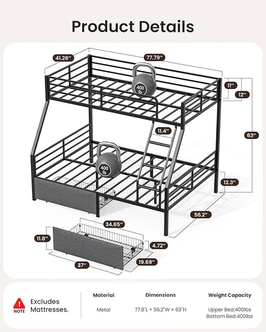 Bunk Beds Twin Over Full Size, Heavy Duty Bunk Beds with 2 Storage Drawers, Safety Guardrails & Padded Ladder, Twin Over Full Bunk Bed, No Box Spring Needed, Black