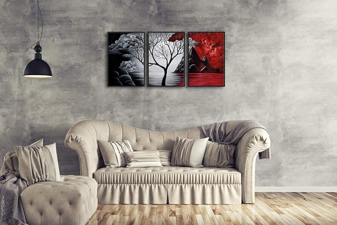 Wieco Art Large Size Framed Art Canvas Art Prints Wall Art the Cloud Tree Abstract Pictures Paintings for Bedroom Home Office Decorations Contemporary Artwork 3 Panels Black Frames