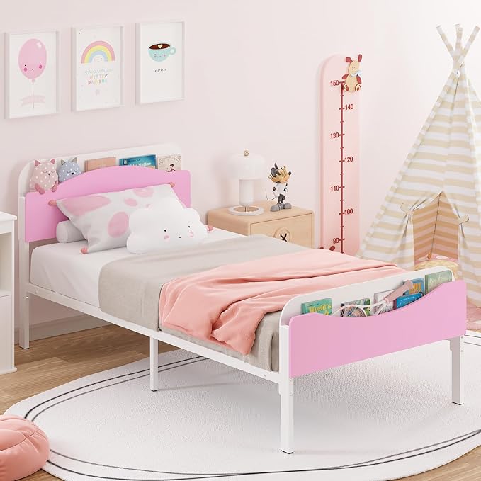 Timy Kids Twin Bed Frame with Bookcase Headboard and Footboard, Metal Platform Bed Frame for Boys Girls Teens, No Box Spring Needed, White and Pink