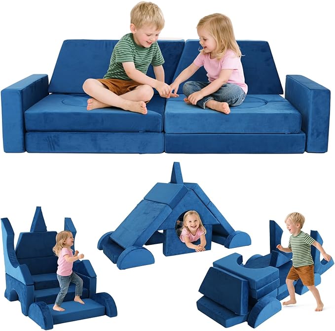 15 Pcs Modular Kids Play Couch, Toddler Couches That Fold Out, Plush Foam Chair for Children’s Playroom, Velvet Fabric Convertible Foam and Floor Cushion for Boys and Girls (Blue,27)