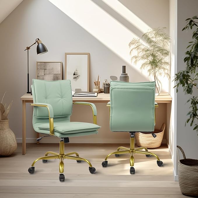 CLATINA Leather Home Office Desk Chairs, Swivel Mid-Back Computer Chair with Golden Legs and Arms, Comfy Upholstered Task Chair with Wheels, Green