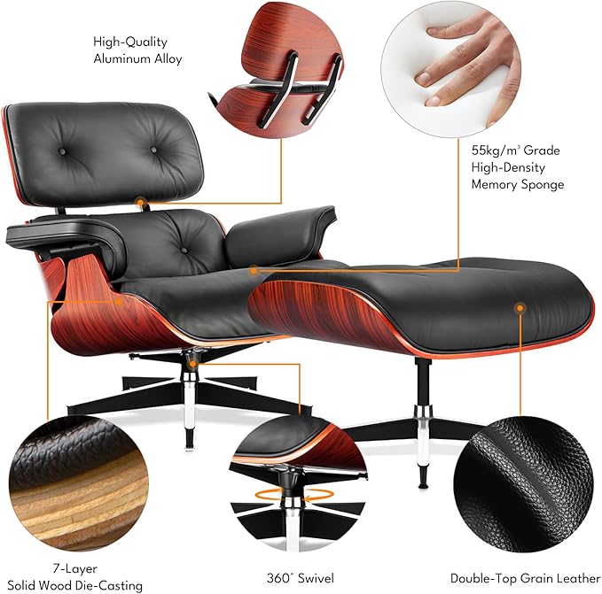 Top Black Grain Leather, Mid Century Chaise Lounge Chair and Ottoman, Modern Chair Classic Design, Heavy Duty Base Support for Living Room Study Lounge Office, Darkrosewood, Heightening