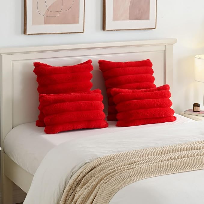FUTEI Christmas Red Decorative Throw Pillow Covers 22x22 Inch Set of 2, Square Soft Faux Rabbit Fur Thick Striped Cushion Cover,Winter Home Decor for Couch Bed Living Room