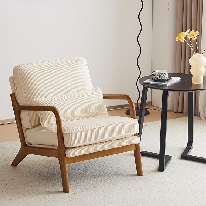 Karl home Mid-Century Modern Accent Chair, Living Room Chairs with Pillow Corduroy Upholstered Lounge Armchair with Solid Wood Frame & Soft Cushion for Bedroom, Reading Room, Beige