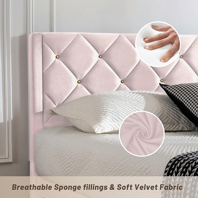 Queen Size Platform Bed Frame with Velvet Upholstered Headboard and Sturdy Wooden Slats Support,Mattress Foundation,Easy Assembly, No Box Spring Needed,Slip Resistant (Pink, Queen)
