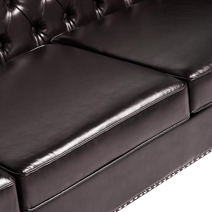 LEVNARY Chesterfield Loveseat Leather, Upholstered Sofa with Button-Tufted Back, Mid-Century Modern Sofa with Solid Wood Legs, 2 Seater Couches for Living Room (Brown)