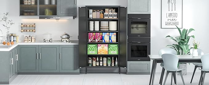 Metal Storage Cabinets with 4 Adjustable Shelves,Black Metal File Cabinet, 71'' Steel Storage for Home & Office, School,Kitchen Pantry,Tool Cabinet,Garage, Black