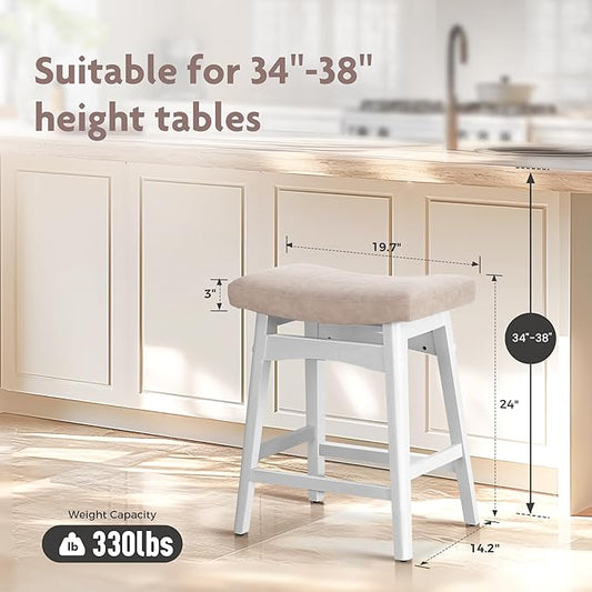 ALPHA HOME Bar Stools Set of 3, Solid Wood Saddle Kitchen Stools with Grey PU Leather Cushion Counter Height Barstools with Wooden Base for Kitchen Dining Cafe, 24 Inch, 3PCS