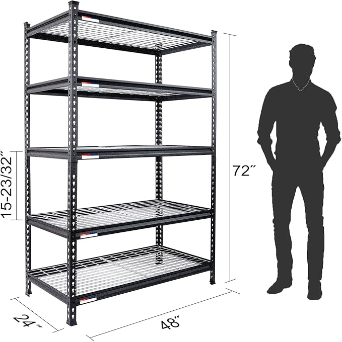WORKPRO 5-Tier Metal Storage Shelving Unit, 48”W x 24”D x 72”H, Adjustable Storage Rack Heavy Duty Shelf, 4000 lbs Load Capacity (Total), for Garage, Kitchen, Bathroom, Warehouse, Black/Sliver