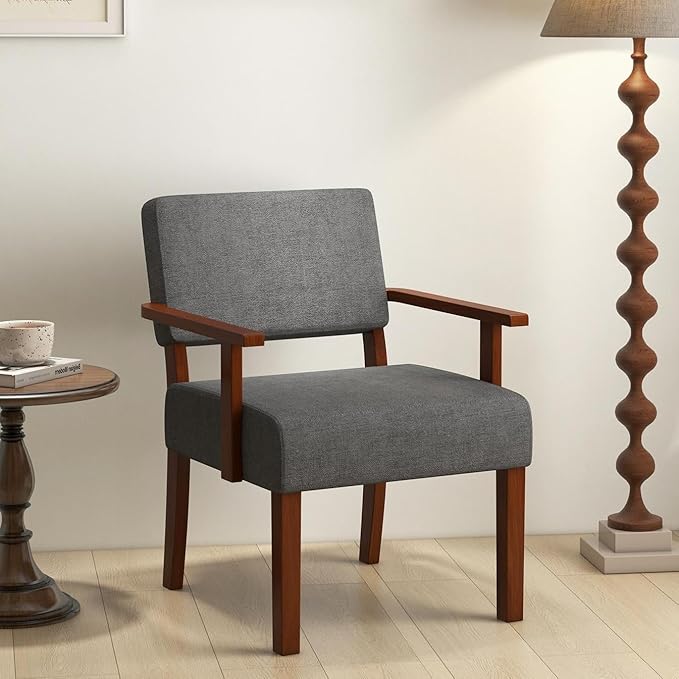 Giantex Mid Century Modern Accent Chair - Linen Living Room Arm Chair w/Soft Padded Seat & Backrest, Rubber Wood Frame, Upholstered Reading Chair for Living Room, Bedroom, Reception, Grey