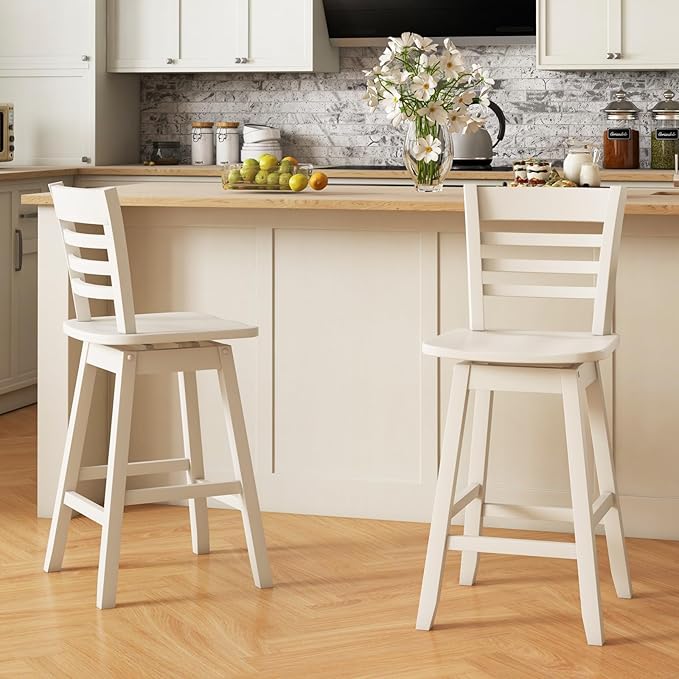 COSTWAY Bar Stools Set of 4, 24.5 Inch Swivel Counter Height Bar Chairs with Hollow Backrest & Contoured Seat, with Footrest for Kitchen Island, Pub, Bistro, Cafe (4, Cream)