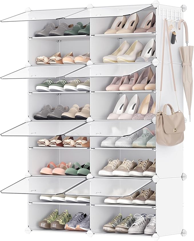 SONGMICS Shoe Rack Organizer, 8-Tier Shoe Storage Cabinet for Closet and Entryway, Holds 32 Pairs of Shoes, Adjustable, Cloud White and Trasparent ULPC034W01
