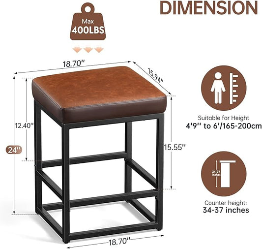 Counter Height Bar Stools Set of 3, 24" Barstools for Kitchen Countertop, Faux Leather Counter Stools with Thick Square Seats & Sturdy Metal Base, Simple Assembly, Brown