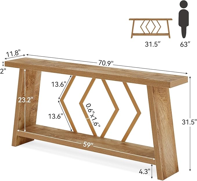 LITTLE TREE 70.9-Inch Console Table, Long Sofa Table Behind Couch, Farmhouse Console with Shelf for Entryway, Living Room, Hallway