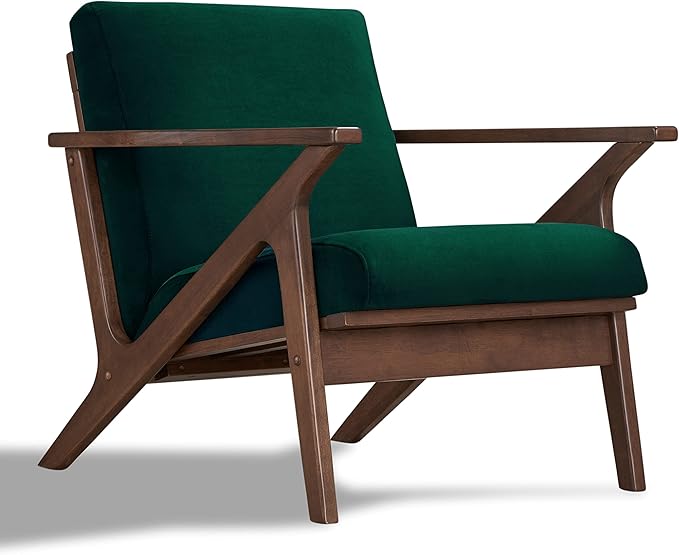 Zola Mid Century Modern Accent Chair Arm Chair, Living Room Furniture, (Green Velvet/Walnut)