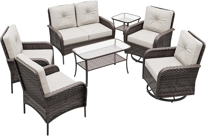 COOS BAY Vintage Courtyard Patio Furniture Set, Wicker Outdoor Furniture, Patio Conversation Sets, 2 Chairs, 2 Swivel Rockers, Loveseat, Coffee Table and Side Table, 7 Pieces, Gray/Beige