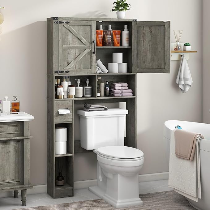Vabches Over The Toilet Storage Cabinet, Farmhouse Storage Cabinet Over Toilet with 2 Barn Doors & Toilet Paper Holder Stand,Home Space-Saving Toilet Rack, for Laundry, Bathroom, Restroom.Grey Oak