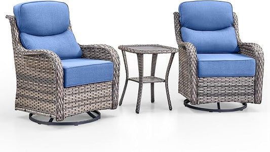 Swivel Patio Chairs Set of 3 with 6" Thick Cushion - Wicker Outdoor Swivel Rocker Patio Chairs with Side Table, High Back Comfortable Outdoor Glider- Grey Wicker | Blue Cushions