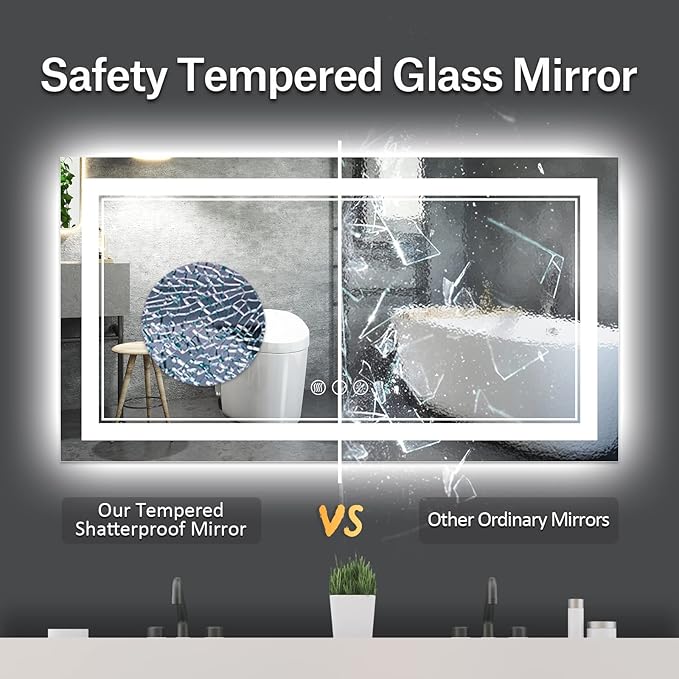 55x30 Inch LED Bathroom Mirror, Backlit and Front Light Anti-Fog Dimmable Memory Lighted Vanity Mirror, Large Shatterproof Wall-Mounted Led Mirror for Bathroom